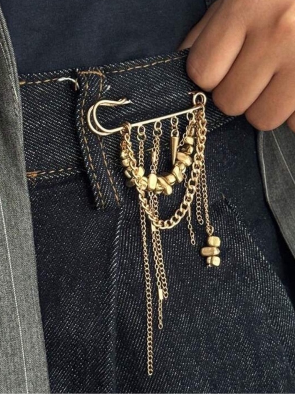 Anthropologie Gold Safety-Pin Style Brooch with Chains - Picture 2 of 4